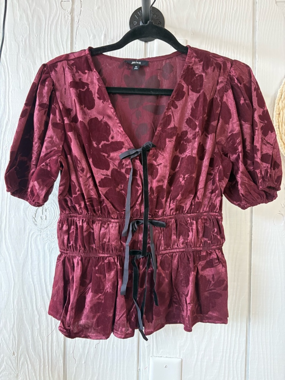 MINE Wine Floral Satin Tie-Front Puff Sleeve Blouse